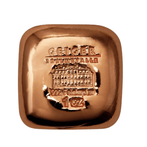 Front 1 ounce copper ingot Güldengossa Castle copper knuffle cast by the manufacturer Geiger Edelmetalle AG