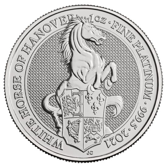 Vorderseite der 1 Unze Platin The Queen´s Beasts -White Horse of Hanover 2021 vom Hersteller Royal Mint