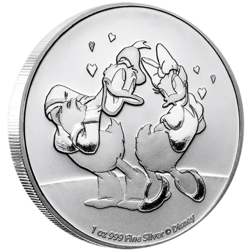 Vorderseite und Rand der 1 Unze Silber Niue Disney Donald & Daisy 2021 von Hersteller New Zealand Mint