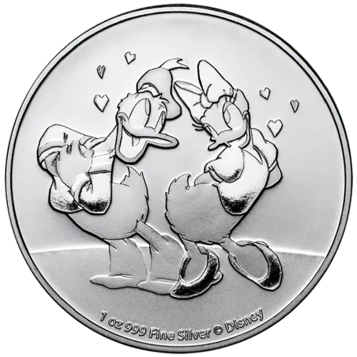 Vorderseite der 1 Unze Silber Niue Disney Donald & Daisy 2021 von Hersteller New Zealand Mint