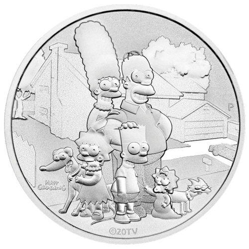 Vorderseite der 1 Unze Silber The Simpsons Familie 2021 von Hersteller Perth Mint