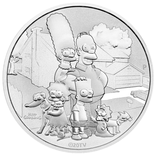 Vorderseite der 1 Unze Silber The Simpsons Familie 2021 von Hersteller Perth Mint