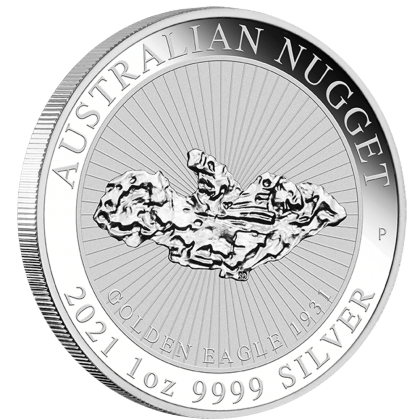 Vorderseite und Rand der 1 Unze Silber Australien Nugget Golden Eagle 2021 von Hersteller Perth Mint