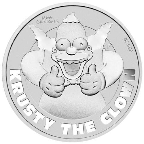 Vorderseite der 1 Unze Silber The Simpsons Krusty der Clown 2020 von Hersteller Perth Mint