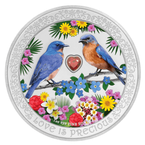 Vorderseite der 1 Unze Silber Love is Precious Bluebirds von Hersteller New Zealand Mint