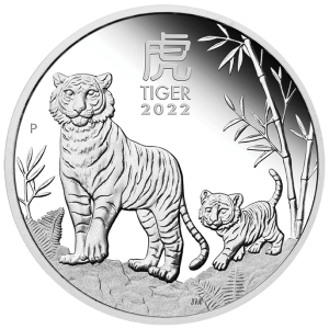 Vorderseite der 1 kg Silber Lunar III Tiger 2022 von Hersteller Perth Mint