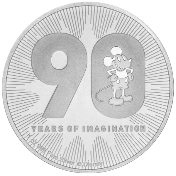 Vorderseite 1 Unze Silber Disney Mickey Mouse 90. Geburtstag 2018, von dem Hersteller New Zealand Mint