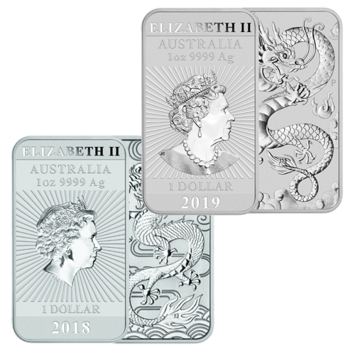 Vorder- und Rückseite 1 Unze Silbermünzbarren Drache, von dem Hersteller Perth Mint