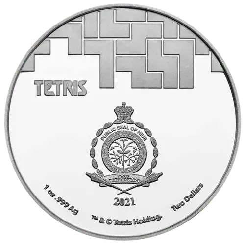 Rückseite der 1 Unze Silber Tetris 2021 von Hersteller New Zealand Mint