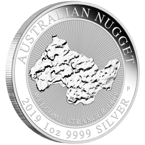 Vorderseite und Rand der 1 Unze Silber Australian Nugget Welcome Stranger 2019 von Hersteller Perth Mint