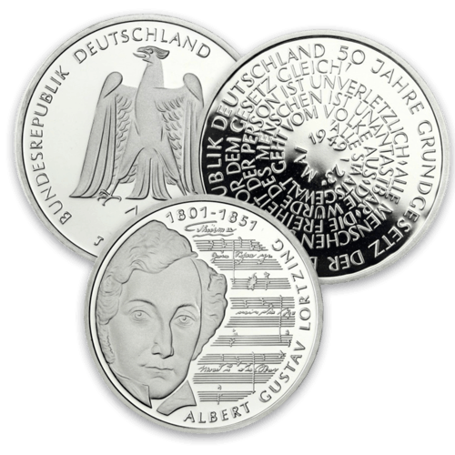 Vorderseiten der 10 DM Silber Gedenkmünzen 1998 bis 2001 von Hersteller Div. dt. Prägeanstalten