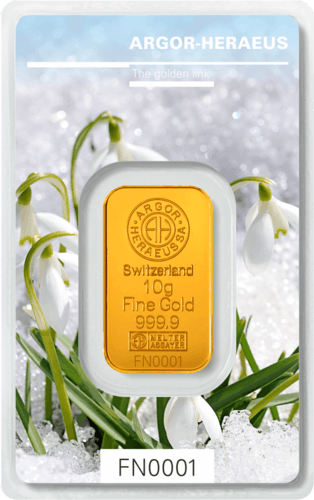 Vorderseite Goldbarren Following Nature Limited Edition Winter 2019/20 10 Gramm, der Hersteller Argor-Heraeus