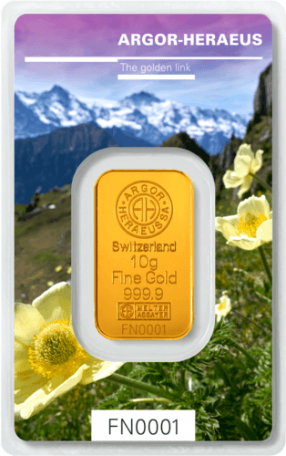 Vorderseite Goldbarren Following Nature Limited Edition Spring 2019 10 Gramm, der Hersteller Argor-Heraeus