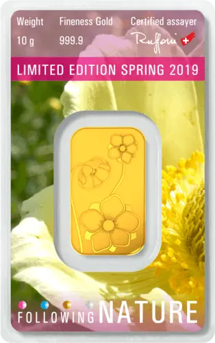 Rückseite Goldbarren Following Nature Limited Edition Spring 2019 10 Gramm, der Hersteller Argor-Heraeus