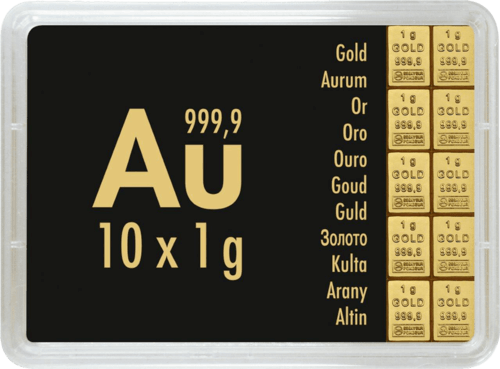 Vorderseite Goldbarren 10 Gramm in durchsichtiger Plastikkapsel, der Hersteller Valcambi