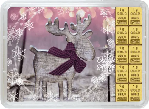 Vorderseite Geschenkgoldbarren Frohes Fest 10x1 Gramm, der Hersteller Valcambi