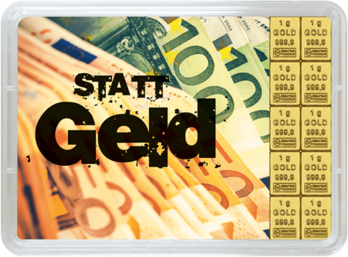 Vorderseite Geschenkgoldbarren Gold statt Geld 10x1 Gramm, der Hersteller Valcambi