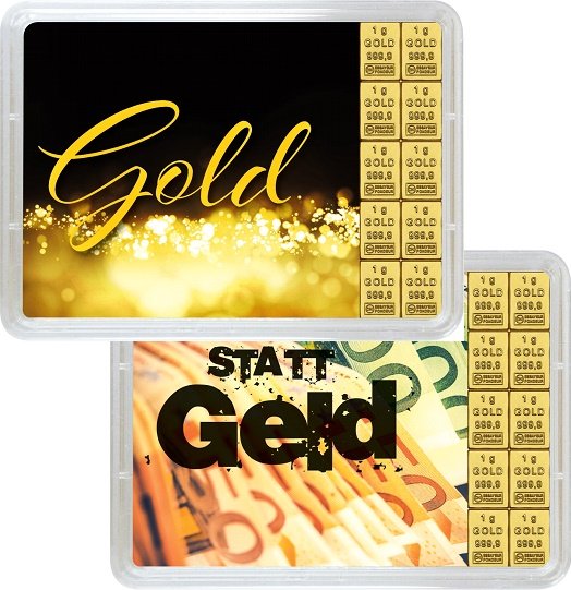 Vorderseite 2 Geschenkgoldbarren Gold statt Geld 10x1 Gramm, der Hersteller Valcambi