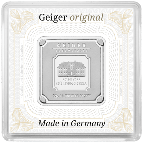 Vorderseite des 10 g Silberbarren Geiger original von Hersteller Geiger Edelmetalle AG