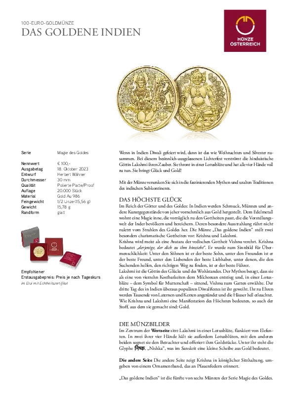 Produktbroschüre 100 Euro das goldene Indien 2023