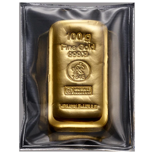 100 g Goldbarren Heimerle und Meule gegossen