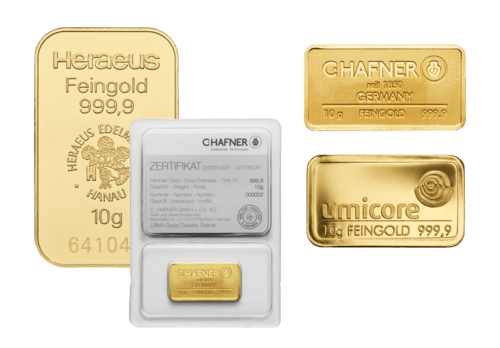 10g Goldbarren von Heraeus, Umicore oder Degussa | Goldbarren 10g von Heraeus, Umicore oder Degussa
