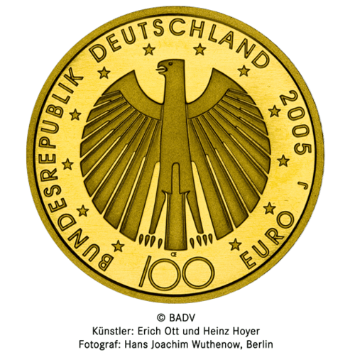 Rückseite Goldmünze 1/2 Unze 100 Euro Deutschland 2005 FIFA WM Deutschland, der Hersteller Div. dt. Prägeanstalten
