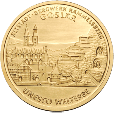 Vorderseite Goldmünze 1/2 Unze 100 Euro Deutschland 2008 UNESCO Welterbe - Altstadt Goslar, der Hersteller Div. dt. Prägeanstalten