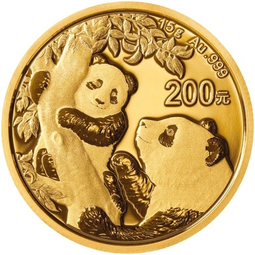Vorderseite der 15 g Goldmünze China Panda 2021