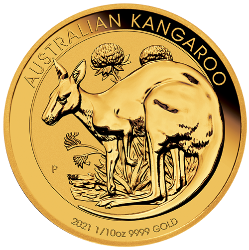 Vorderseite Goldmünze 1/10 Unze Australien Känguru 2021, der Hersteller Perth Mint Australia