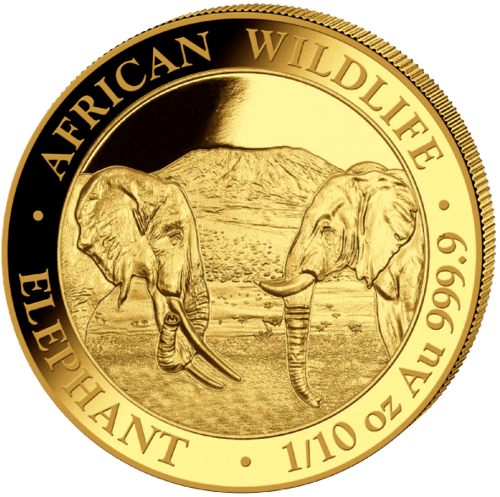 Vorderseite Goldmünze 1/10 Unze Somalia Elefant 2020, der Hersteller Bayerisches Hauptmünzamt