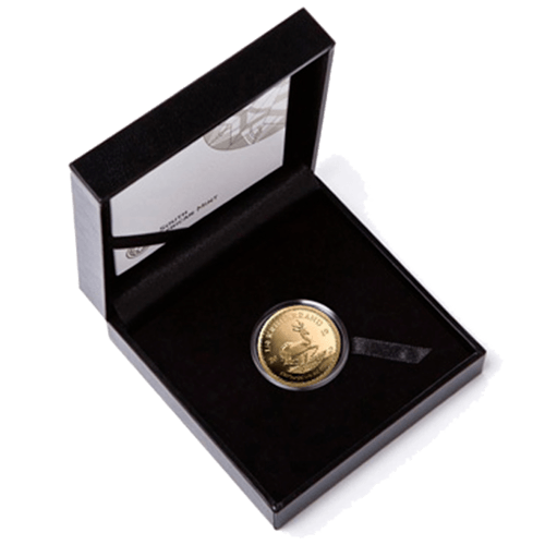 Vorderseite Goldmünze 1/4 Unze Krügerrand 2019 - Polierte Platte im Etui, Münzkapsel, inkl. Echtheitszertifikat, der Hersteller South African Mint