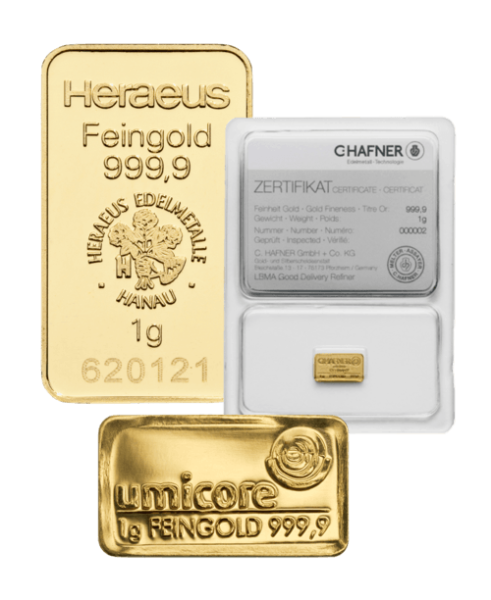 Goldbarren 1 Gramm von Heraeus, Umicore oder Degussa | Goldbarren 1 Gramm von Heraeus, Umicore oder Degussa