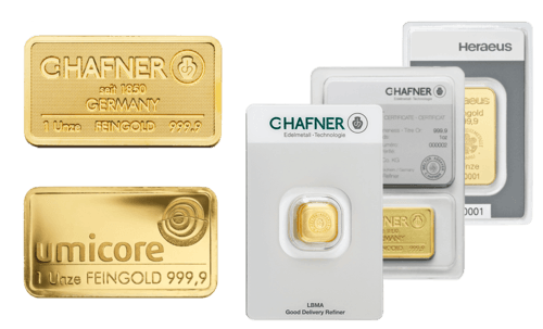Goldbarren 1 Feinunze von Umicore oder Heraeus | 1 Feinunze  Goldbarren von Umicore oder Heraeus