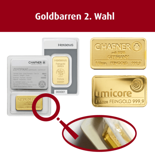 Vorderseite unterschiedlicher Goldbarren 1 Unze (2. Wahl)