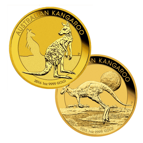 Vorderseite unterschiedlicher Goldmünzen Känguru Australien diverse Jahrgänge, der Hersteller Perth Mint Australia