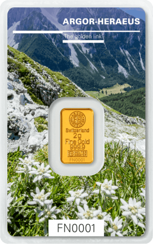 Vorderseite Goldbarren Following Nature Limited Edition Autumn 2019 2 Gramm, der Hersteller Argor-Heraeus