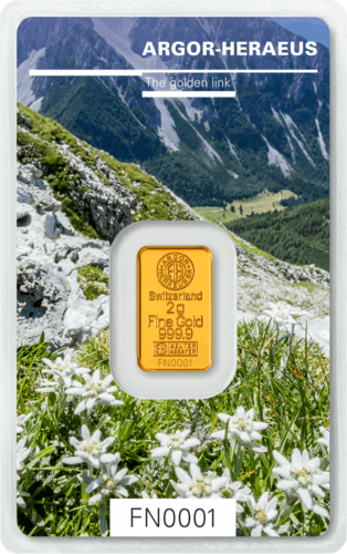 Vorderseite Goldbarren Following Nature Limited Edition Autumn 2019 2 Gramm, der Hersteller Argor-Heraeus