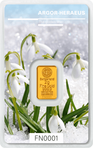 Vorderseite Goldbarren Following Nature Limited Edition Winter 2019/20 2 Gramm, der Hersteller Argor-Heraeus