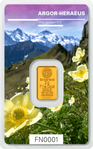 Vorderseite Goldbarren Following Nature Limited Edition Spring 2019 2 Gramm, der Hersteller Argor-Heraeus