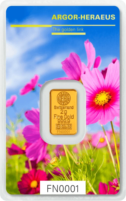 Vorderseite Goldbarren Following Nature Limited Edition Spring 2017 2 Gramm, der Hersteller Argor-Heraeus Vorderseite Goldbarren Following Nature Limited Edition Spring 2017 2 Gramm, der Hersteller Argor-Heraeus