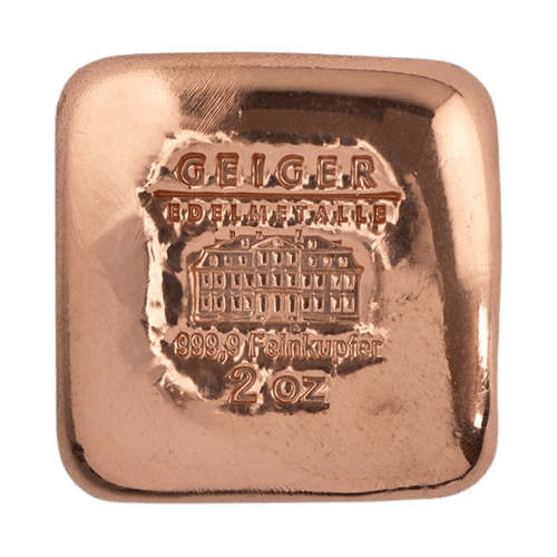 Front 2 ounce copper ingot Güldengossa Castle copper knuffle cast by the manufacturer Geiger Edelmetalle AG