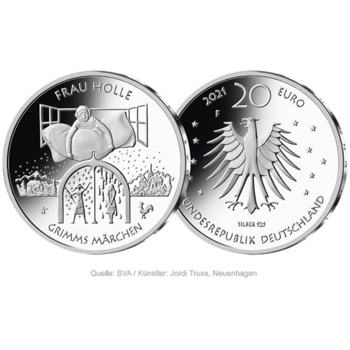 Vordere und Rückseite der 20 Euro Märchenmünze Frau Holle von Hersteller Münze Deutschland