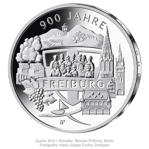 Vorderseite der 20 Euro Silber-Gedenkmünze 900 Jahre Freiburg 2020 von Hersteller Münze Deutschland