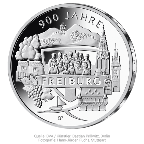 Vorderseite der 20 Euro Silber-Gedenkmünze 900 Jahre Freiburg 2020 von Hersteller Münze Deutschland