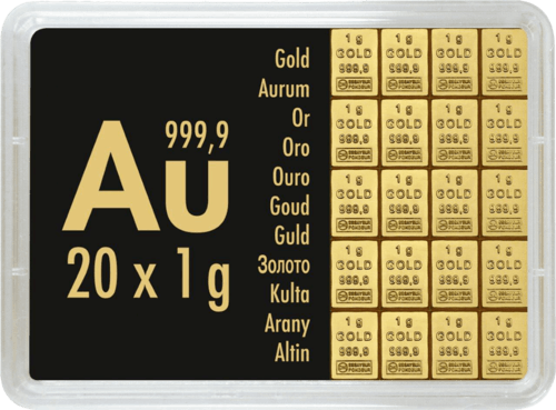 Vorderseite Goldbarren Combibar Goldtafel 20x1 Gramm in durchsichtiger Plastikkapsel, der Hersteller Valcambi