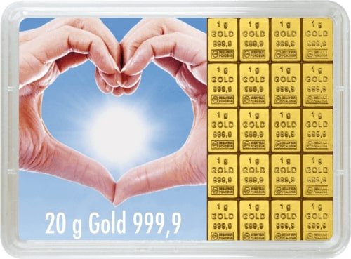 Vorderseite Geschenkgoldbarren Für eine goldene Zukunft 20x1 Gramm, der Hersteller Valcambi