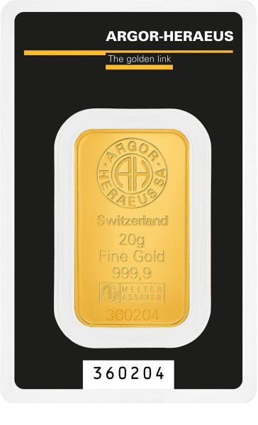 Vorderseite der 20 gram Goldbarren von Argor-Heraeus