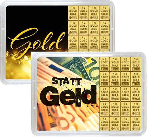 Vorderseite 2 Geschenkgoldbarren Gold statt Geld 20x1 Gramm, der Hersteller Valcambi