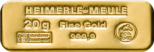 20 g Goldbarren Heimerle und Meule Sargform
